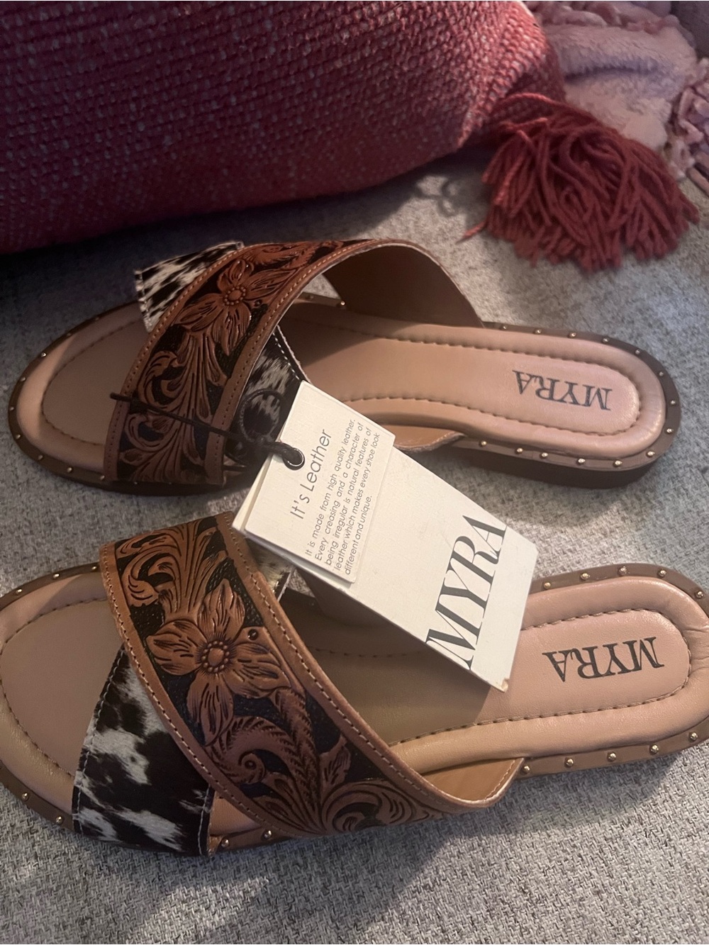 Myra Bag Brown Floral Tooled Leather and Black White Cowhide Slide Mules - Picture 2 of 2
